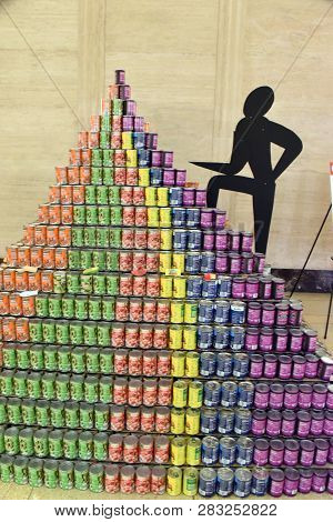 The Food Pyramid, Nutrition, Canstruction Public Art Exhibit At Merchandise Mart, Chicago, Il Septem