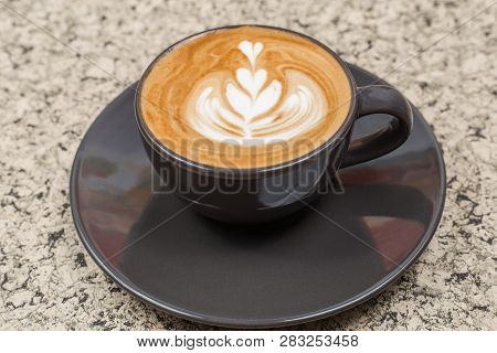 Hot Coffee Cup. Strong Coffee On Wooden Table Background.