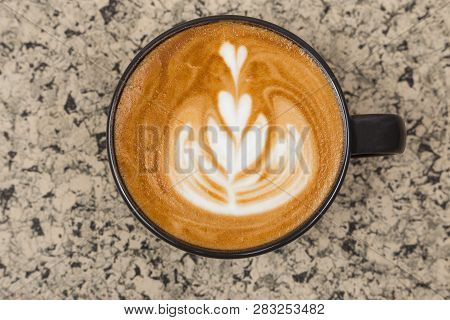 Hot Coffee Cup. Strong Coffee On Wooden Table Background.