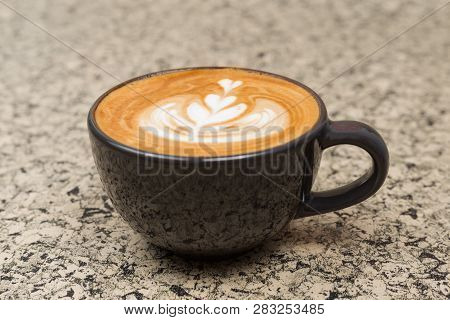 Hot Coffee Cup. Strong Coffee On Wooden Table Background.