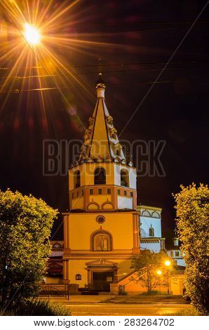 Irkutsk, Russia - May 28, 2016: Cathedral Of The Epiphany, Irkutsk, Russia At Night. Rebuilt After A