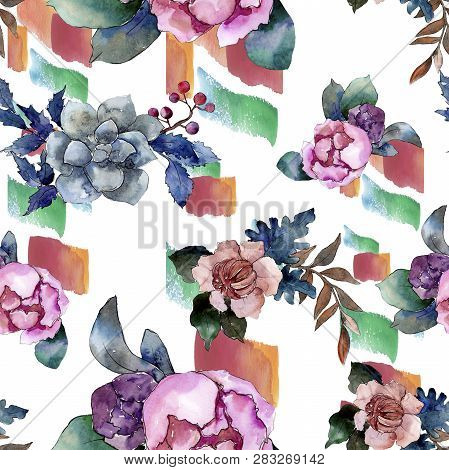 Peony And Succulent Bouquet Floral Flower. Watercolor Background Illustration Set. Seamless Backgrou