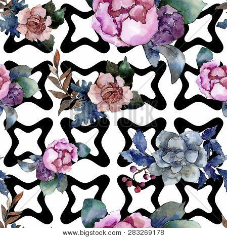 Peony And Succulent Bouquet Floral Flower. Watercolor Background Illustration Set. Seamless Backgrou
