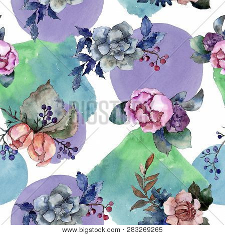 Peony And Succulent Bouquet Floral Flower. Watercolor Background Illustration Set. Seamless Backgrou