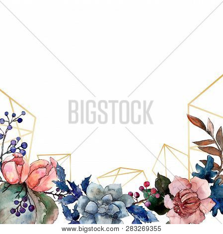 Peony And Succulent Bouquet Floral Flower. Watercolor Background Illustration Set. Frame Border Orna