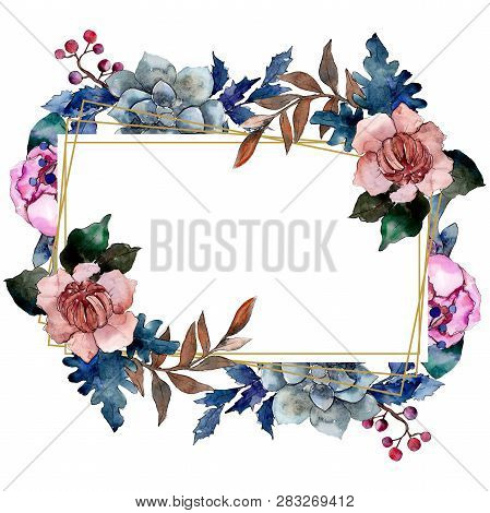 Peony And Succulent Bouquet Floral Flower. Watercolor Background Illustration Set. Frame Border Orna