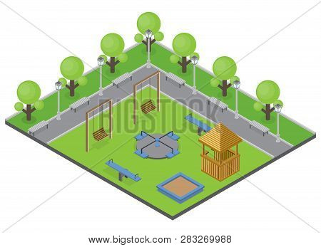 Suburbia Park Concept With Trees Benches And Playground Isometric Vector Illustration