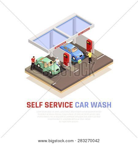 Carwash Isometric Composition With Self Service Wash Symbols Vector Illustration