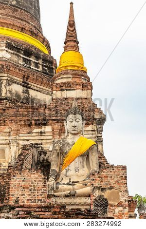 Buddha Statue And Stupa At Wat Yai Chai Mongkon, Ayutthaya, Thailand, Asia
