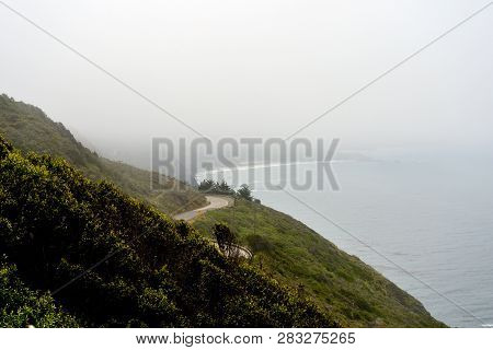 View Of The Pacific Ocean From The Mountain. California, Usa