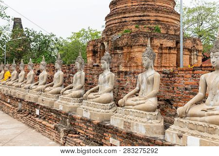 Buddha Statues And Stupa At Wat Yai Chai Mongkon, Ayutthaya, Thailand, Asia