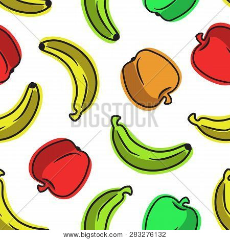 Vector Seamless Pattern With Hand Drawing Colorful Fruits. Bananas And Apples On White Background. P