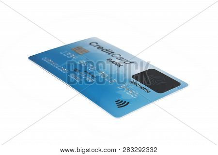 Front View Of Blue Credit Card With Biometric Sensor On White Background. Biometrics In Banking. Pay
