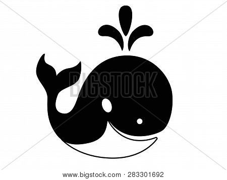 Whale. Black And White Image Of A Marine Mammal. Logo Picture Of A Whale With A Fantan From The Back