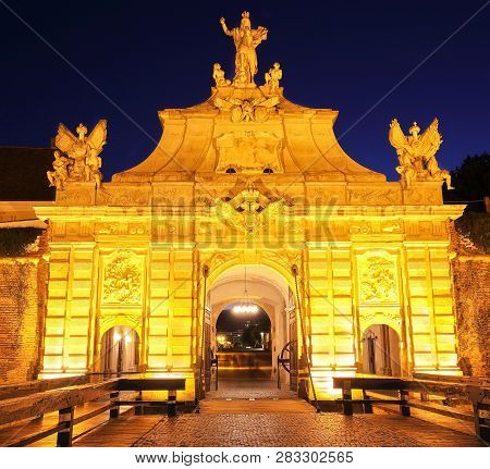 View At Principal Gate For Entrance In Medieval Fortress Of Alba Iulia (carolina). Dramatic Night Su