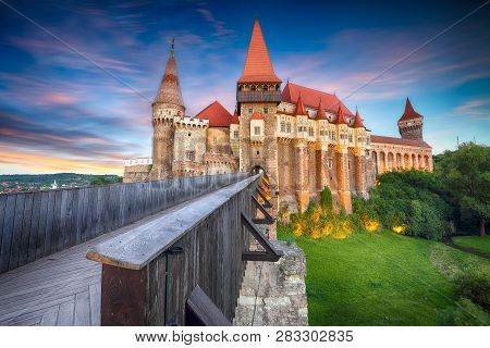 Beautiful Panorama Of The Hunyad Castle / Corvin's Castle With Wooden Bridge