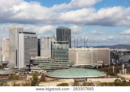 Osaka , Japan - February 1, 2019 : Osaka City Scape At Daytime . Taken A Photo From View Point On Hi