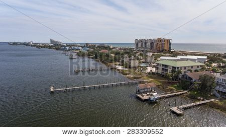 Aerial View Of Perdido Key, Florida And Ono Island, Alabama. February 2019.