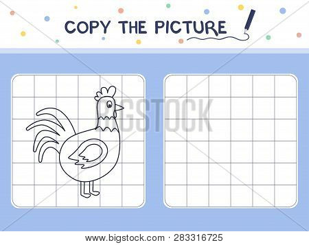Cock. Copy The Picture. Coloring Book. Educational Game For Children. Cartoon Vector Illustration.