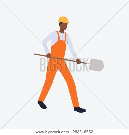 Builder Carrying Spade Flat Icon. Shovel, Worker, Orange Uniform. Labor Concept. Can Be Used For Top