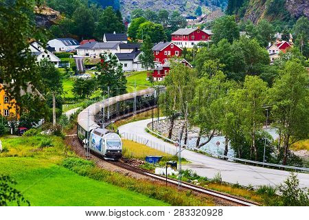 Flam, Norway - July 31, 2018: Flamsbana Train Aerial View In Norwegian Village