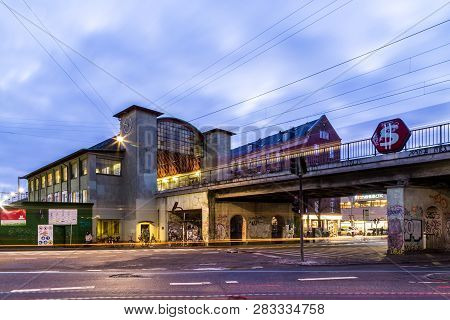 Copenhagen, Denmark - January 16, 2017: Long Exposure Photograph Of Norrebro Train Station At Night.