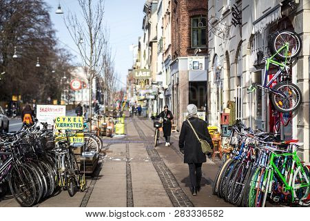 Copenhagen, Denmark - February 25, 2017: Bicycle Shop On Norrebrogade. Norrebrogade Is The Principal