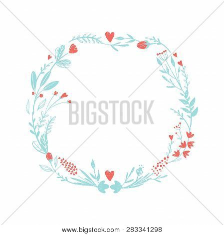 Wreath Of Flowers In Pastel Colors: Pink And Blue. Set Of Colors For The Romantic Design In Rustic S