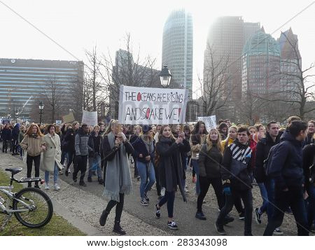 Malieveld, The Hague, The Netherlands - February 7 2019: School Children And Youth At Climate Change