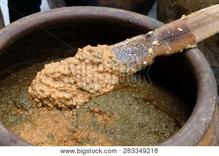 Salted Soybean Paste In Jar. Soy Miso Production