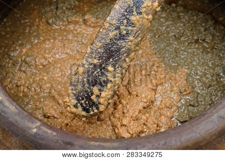 Salted Soybean Paste In Jar. Soy Miso Production