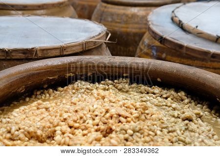 Salted Soybean Paste In Jar. Soy Miso Production