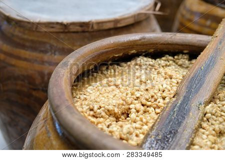 Salted Soybean Paste In Jar. Soy Miso Production