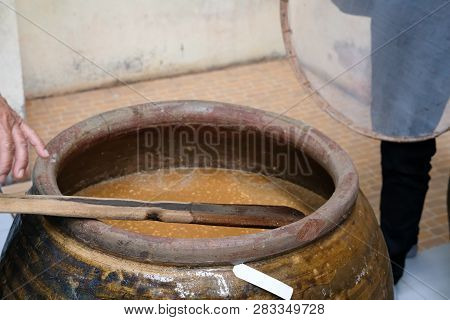 Salted Soybean Paste In Jar. Soy Miso Production