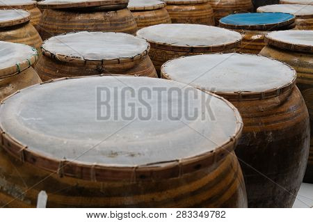 Salted Soybean Paste In Jar. Soy Miso Production