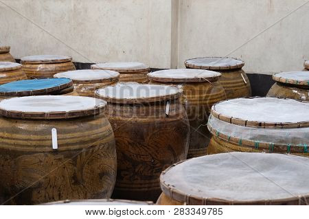 Salted Soybean Paste In Jar. Soy Miso Production
