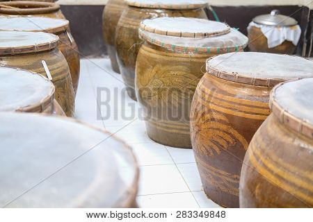 Salted Soybean Paste In Jar. Soy Miso Production