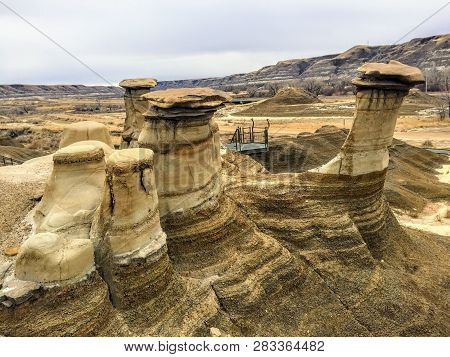 An Interesting And Unique View Of The Hoodoos Outside Of Drumheller, Alberta, Canada.  A Hoodoo Is A