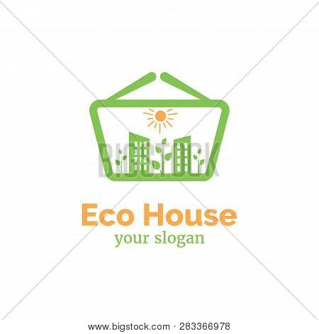 Vector Logo Template For Eco House. Illustration Of Tall Buildings, Trees, Sun In Shopping Basket. E