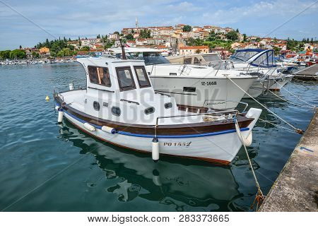 Vrsar, Croatia - May 22, 2018: View On Yacht, Harbor, Adriatic Sea And Small Croatian Town Vrsar, Cr
