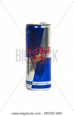 Sankt-petersburg, Russia - December 27, 2018: Aluminum Can Of Redbull Drink With Water Drops Over Wh