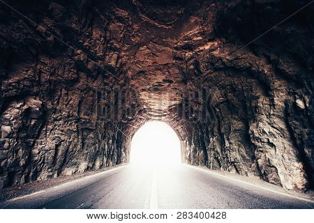 Rocky Stone Tunnel With Light At End, Street Escape Cave Dramatic Walls Grey Red