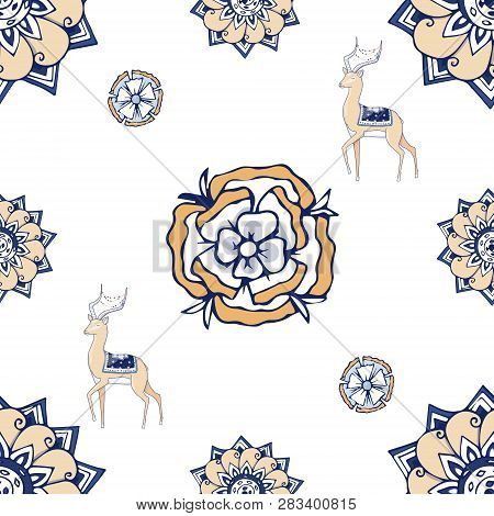 Fractal Blue Flowers And Antilopa. An Elegant Bright Illustration With Flowers. India Style. Pattern