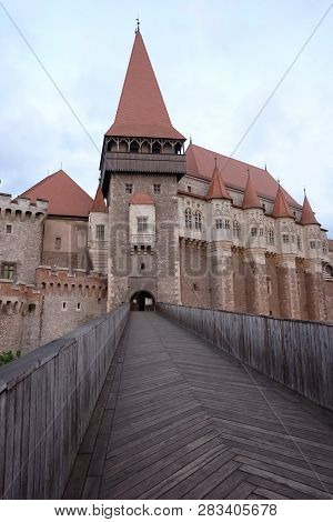 Hunedoara, Romania - August 22, 2016: A Wooden Bridge Leading To The Entrance To Corvin Castle, The 