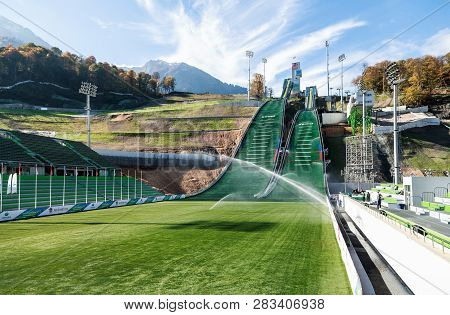 Sochi, Russia - October 13, 2013: New Built Russki Gorki Ski Jumping Center Is Ready For Sochi Winte