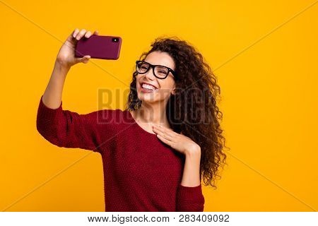 Portrait Of Her She Nice Cute Attractive Cheerful Cheery Wavy-haired Lady Holding In Hands Cell Maki
