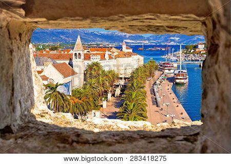 Town Of Trogir Waterfront And Landmarks Panoramic View Through Stone Window, Unesco World Heritage S