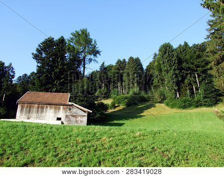 Alpine Livestock Farms And Stables On The Slopes Of Alvier Mountain In The Appenzell Alps Mountain R