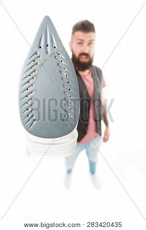 For Ironing Works. Hipster With Electric Ironing Tool. Bearded Man Holding Clothes Iron. Unshaven Br