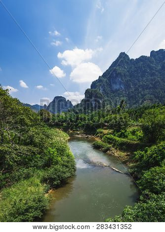 Beautiful Landscape With The River Sok, Tropical Forest And Mountains, Khao Sok National Park, Surat